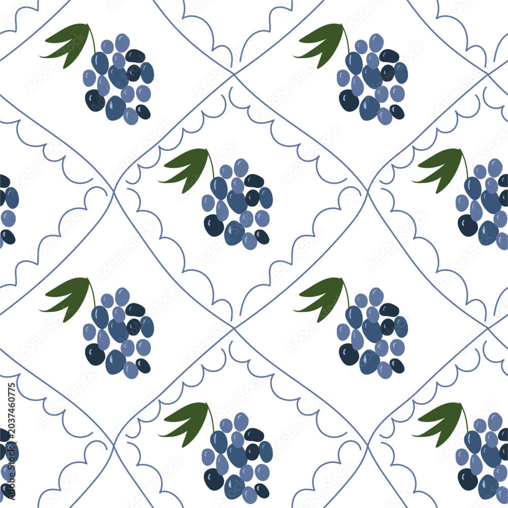 Fototapeta premium Mediterranean ceramic tile seamless pattern with hand drawn vector grapes.