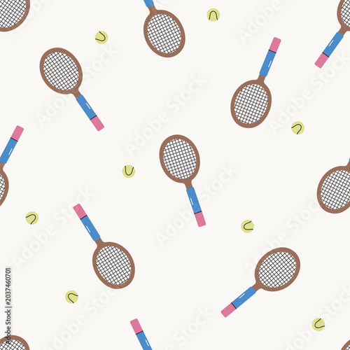 Seamless pattern with tennis racket and ball. For posters, banners, books, printing on the pack, clothes, fabric, wallpaper, textile or dishes. Flat vector background.	