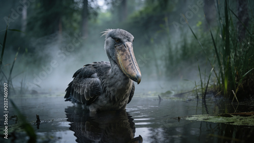 Shoebill stork wading in misty swamp surrounded by lush greenery  