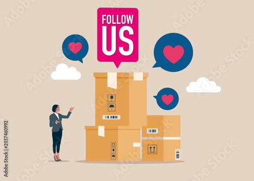 Konstfotografi Cardboard boxes for parcels with Follow us banner