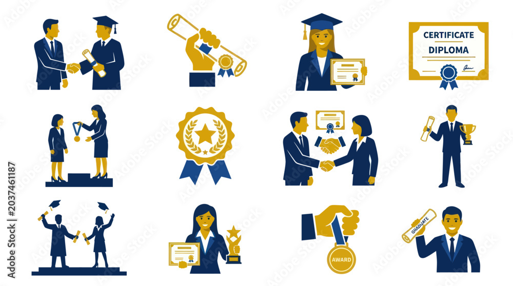 Fototapeta premium Student graduation success and academic achievement icon collection.