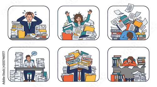 Schilderij op canvas Stressed office worker sketches buried in paperwork icons
