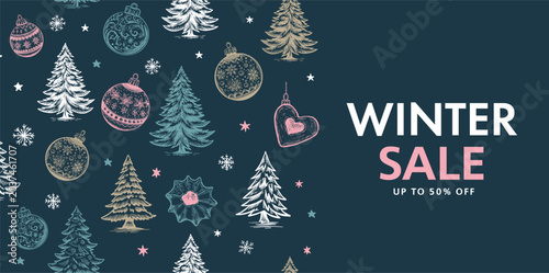 Winter sale, Christmas tree and ball set, Hand drawn illustration.