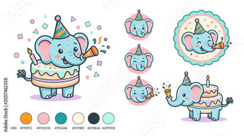 Tableau sur toile Colorful elephant characters celebrating with cakes.