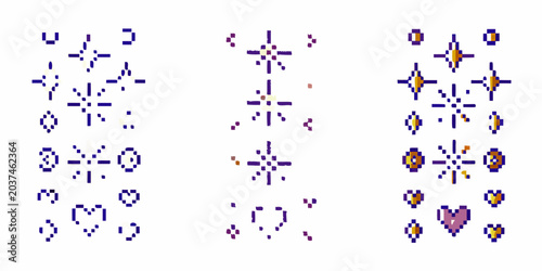 Pixel art effects featuring star shapes hearts and geometric forms