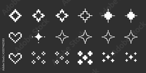 Pixel art collection of retro 8 bit heart star and cross shapes