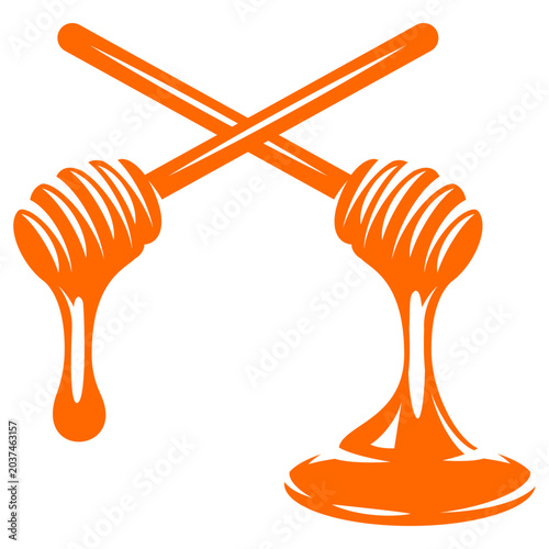 Orange Honey Dippers Crossed with Dripping Golden Honey Puddle on White Background.
