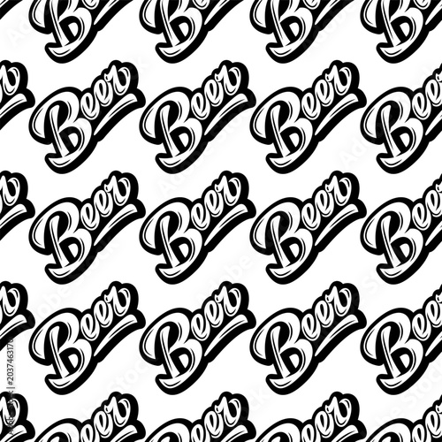 Seamless Pattern with Stylized Black and White Script Lettering Beer in Bold Calligraphy Typography.
