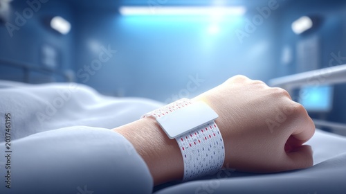 Medical Patient Wristband on Hospital Patient Hand in Intensive Care Unit