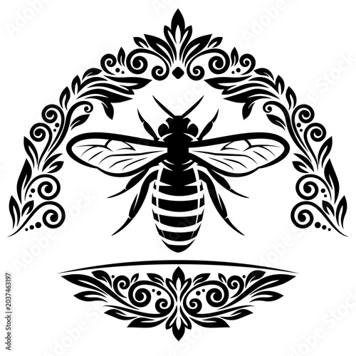 Graceful Bee and Ornate Floral Swirls in Black and White Vintage Heraldic Design for Honey Products.