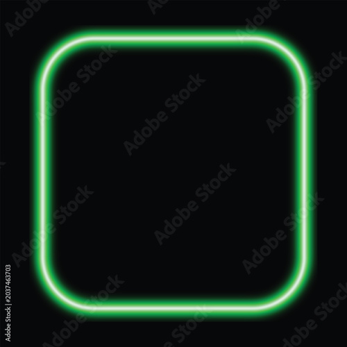 Glowing Green Neon Square Frame Border Light Effect Dark Background Rounded Corners Bright Luminous Electric Sign Glow Abstract Geometric Shape Design Element Banner Template Isolated Black Futuristic