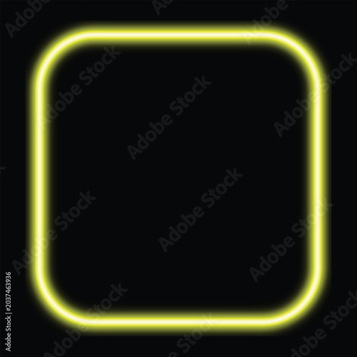 Glowing Yellow Neon Square Frame Dark Background Rounded Corners Bright Electric Light Effect Luminous Border Vibrant Isolated Modern Futuristic Design Element Banner Template Digital Graphic Art
