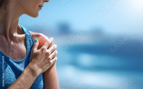 Woman Applying Sunblock Lotion to Shoulder Near Ocean Shore