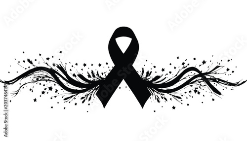 Awareness ribbon rendered in a bold black silhouette with swirling artistic ink splatters and decorative flourishes that serves as a poignant symbol for charitable causes and public support.