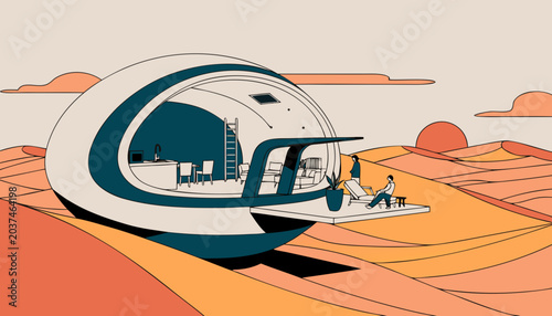 Very beautiful egg-shaped luxury capsule villa nestled among desert dunes with soft sunset glow, elegant interiors, and futuristic eco-friendly architecture in premium vector illustration style.