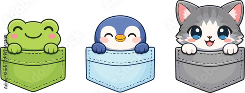 Tableau sur toile Cute pocket animal illustrations with frog, penguin, and cat in kawaii style