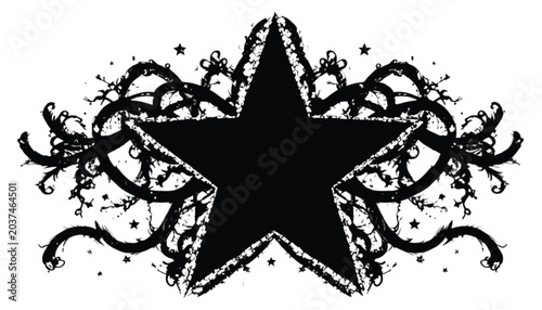 Star icon sits prominently at the center surrounded by elaborate swirling vine patterns and tiny dots to evoke a sophisticated gothic or ornamental aesthetic.