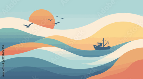 Tableau sur toile Abstract minimalist landscape illustration featuring a boat sailing on wavy hill