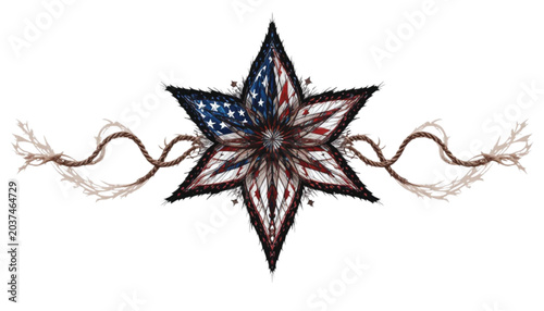 Star emblem incorporates a patriotic flag pattern and organic vine-like extensions that spread horizontally to provide a unique and artistic graphic element for creative design projects.