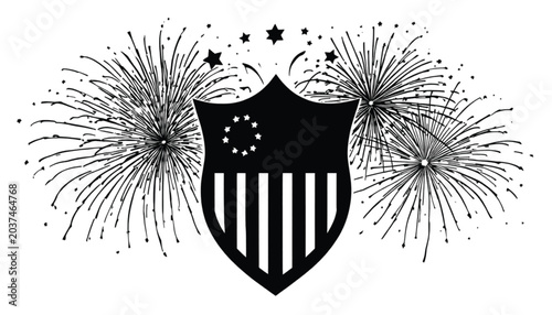 Shield badge featuring a patterned star and vertical stripe design rests between two symmetrical firework displays to create a striking visual element for festive graphic design compositions.