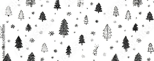 Black and white sketch of trees and snowflakes on white