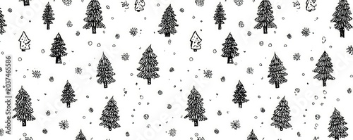 A charming hand-drawn pattern of coniferous trees and snowflakes