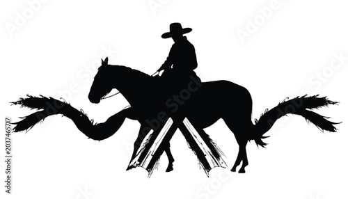 Cowboy rides a horse in a classic western style silhouette that emphasizes the rugged spirit of the American frontier while showcasing traditional equestrian skills and timeless ranching culture.