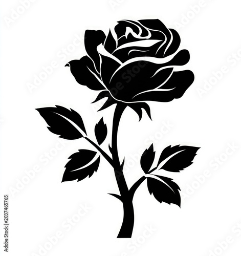 Silhouette of a thorny rose stem with leaves