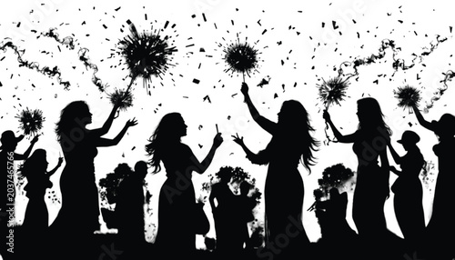 Women silhouettes hold sparklers high while dancing in a festive celebration that captures the joy of a nighttime party with friends and family during a summer gathering or a special holiday event.