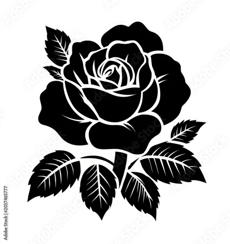 Black rose silhouette with leaves on white