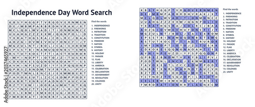 Independence Day Fillword Word Seek Puzzle Sheet