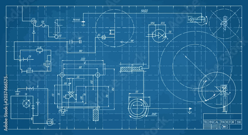 Blueprint technical drawing with various mechanical components and measurements.