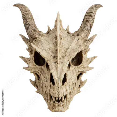 A fantasy dragon skull with horns and spikes on a white background