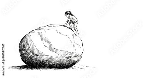 Illustration of person climbing enormous loaf of bread.