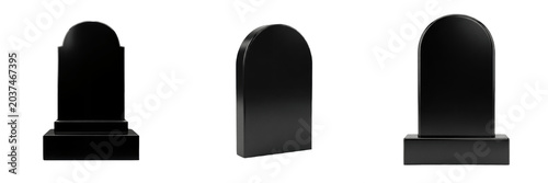 Tableau sur toile Set of three black gravestones, blank 3D tombstones with arched tops and stone p
