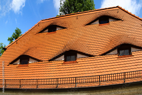 Wavy terracotta roof with curved dormer windows on whimsical architectural house facade