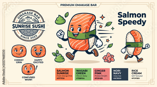 Fotografie Cute Salmon Sushi Character with Ingredients.