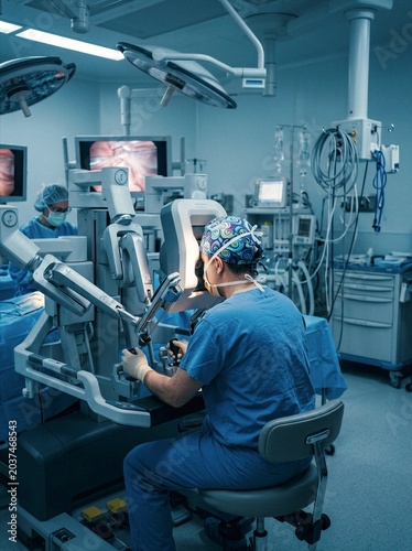 Surgeon performing minimally invasive surgery using robotic arms in sterile operating room
