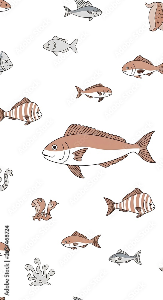 Fototapeta premium Assorted Illustrated Fish Patterns on White Background.