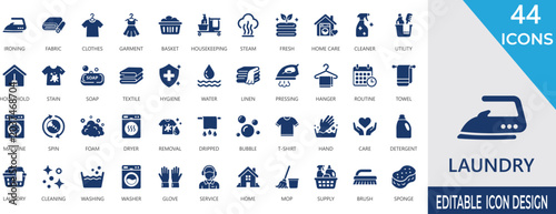 Foto laundry solid icon set with dry cleaning, washing, spin, pressing, water, detergent, clothing, ironing, basket, and cleaning service glyph icons