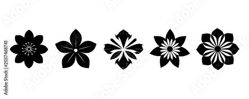 Five black stylized floral silhouettes on a white background