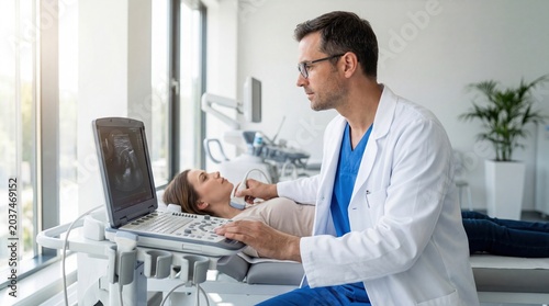 caucasian male doctor performing ultrasound examination on female patient neck in modern clinic. medical healthcare concept, diagnostic equipment. banner, website header.