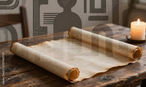 captures aged parchment scroll unfurling weathered wooden table bathed warm golden light single candle