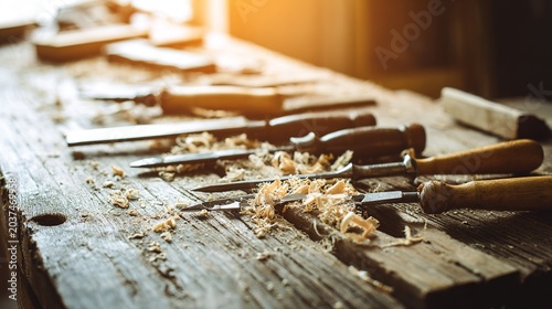 shavings. Rustic woodworking tools arranged on wooden surface with natural textures and warm workshop lighting. safety posters.
