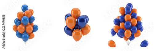 Set of three blue and orange balloon bunches, festive party decoration clusters isolated on transparent background, vibrant birthday celebration elements, helium air balloons for sporting events and j