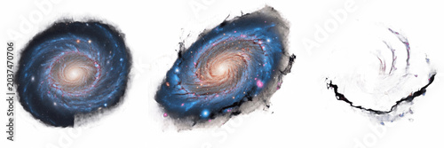 Set of three spiral galaxies, cosmic nebula and deep space star clusters isolated on transparent background, astronomical design elements for science education, futuristic fantasy art and digital spac