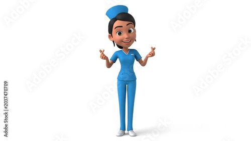 Female nurse standing in blue medical scrubs and cap.