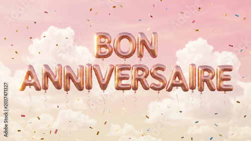 Bon Anniversaire Rose Gold Balloon Letters Floating on a Pink Sky