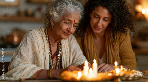 Elderly Hindu woman and her adult Jewish daughter-in-law sit together at a kitchen table preparing both puja flower offerings and Shabbat candles, generations bridging traditions through shared dome