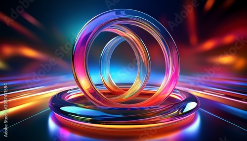 abstract 3d glass rings with neon reflections on a colorful background